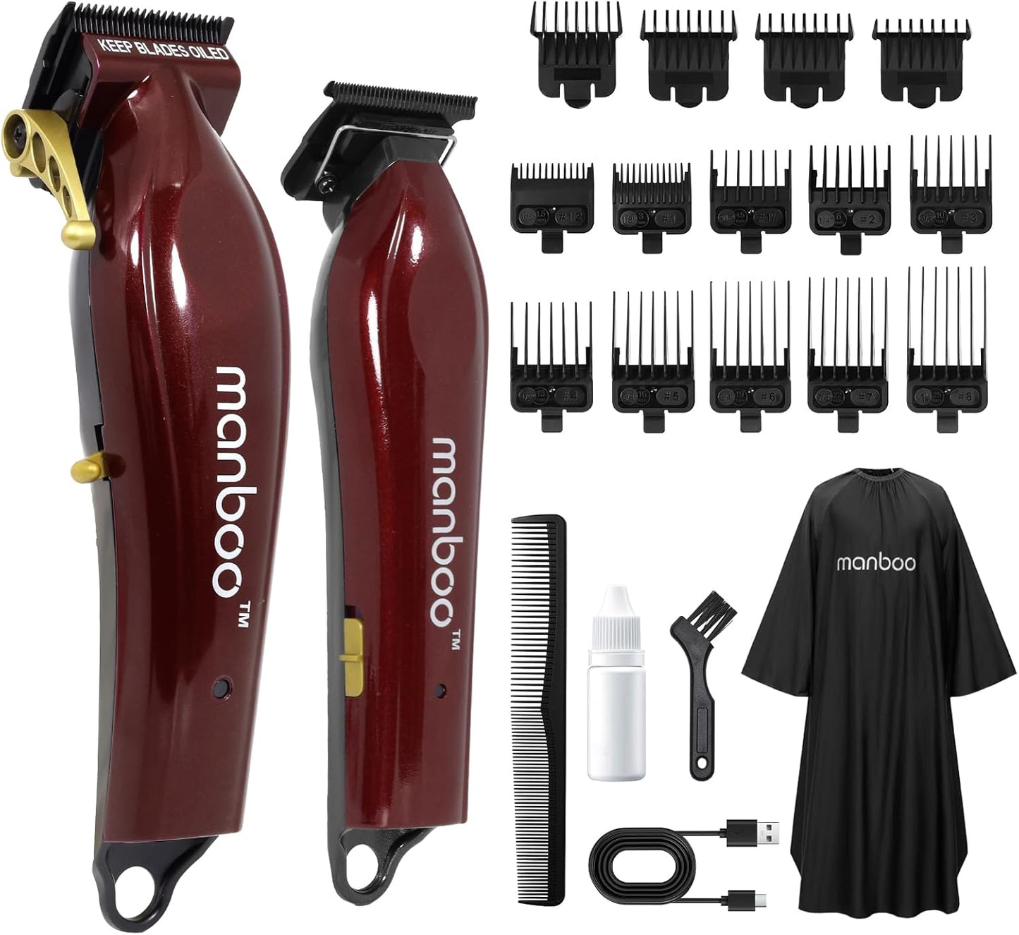 MANBOO Professional Hair Clippers for Men, Ceramic Blade Cordless Barber Set with 7800RPM Motor, Hair Cutting Kit with 14 Guide Combs for Fade (Wine Red)