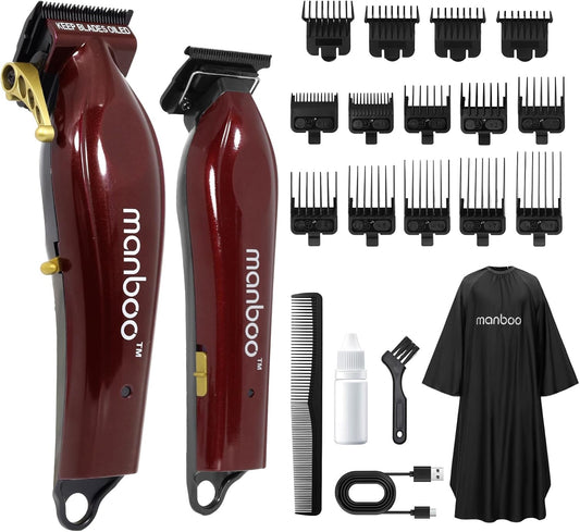 MANBOO Professional Hair Clippers for Men, Ceramic Blade Cordless Barber Set with 7800RPM Motor, Hair Cutting Kit with 14 Guide Combs for Fade (Wine Red)