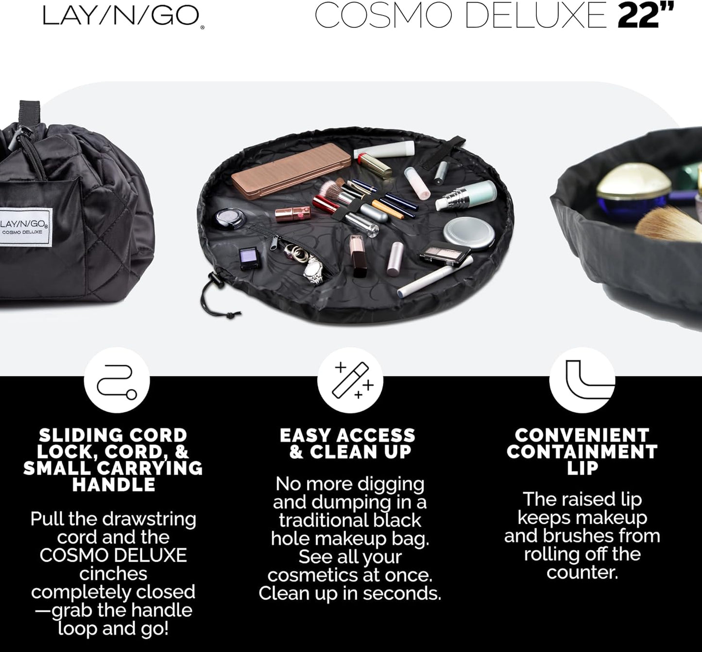 Lay-n-Go Cosmo Layflat Drawstring Cosmetic & Makeup Bag Organizer w/Zipper Pocket, Brush Loops & More, Cinch to Close, Lay Flat to Use, Durable, Machine Wash, Travel Toiletry Bag (22", Pink)