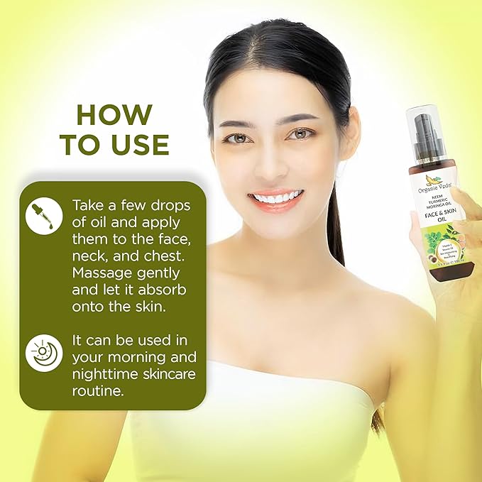 Organic Veda Moringa Face Oil with Neem & Turmeric - 100% Pure Cold Pressed Skin Care Oil Moisturizer for Face Hair & Skin, Natural Skin Glow - 3.4 oz
