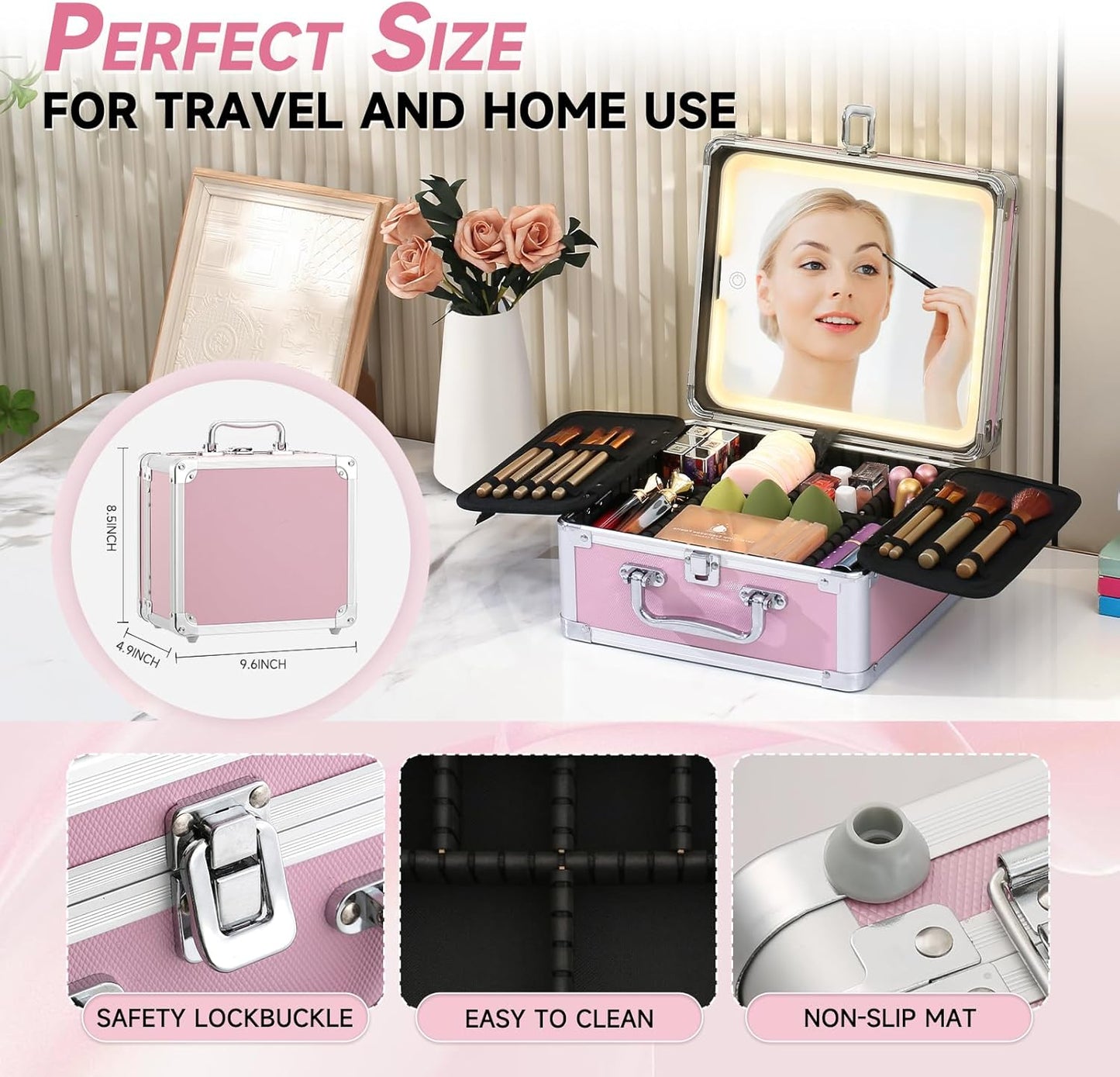 Leeora&Leekoo Makeup Box with Lighted Mirror,Portable Makeup Train Case Organizer (Pink1)