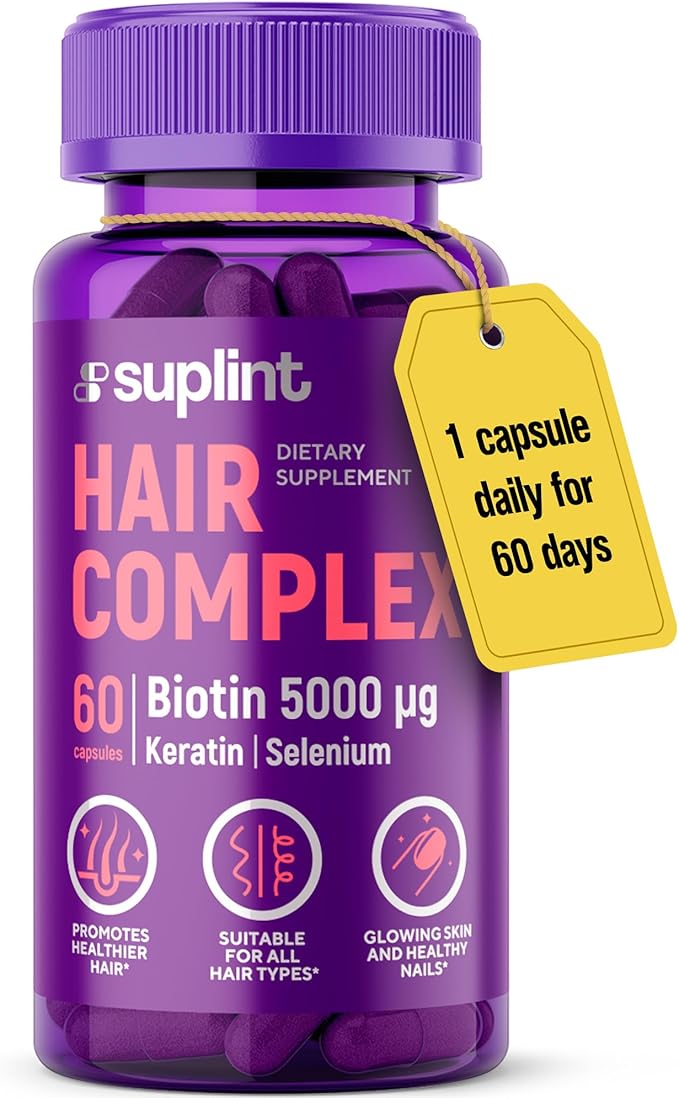 Hair Vitamin Complex with Biotin 5000mcg, Keratin, Selen, Zink | Hair Growth Supplement with Vitamin A, C, D, E, B12 | Hair, Skin & Nail Support Supplement for Women & Men | 60 Capsules