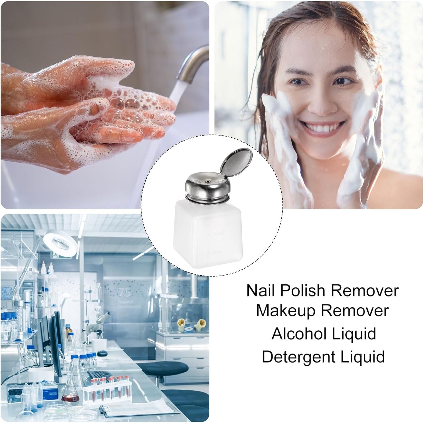 HARFINGTON 4PCS 100ML(3.4oz) Push Down Alcohol Dispenser Pump Liquid Press Empty Bottles Refillable Container for Acetone Cleanser Nail Polish Remover, White