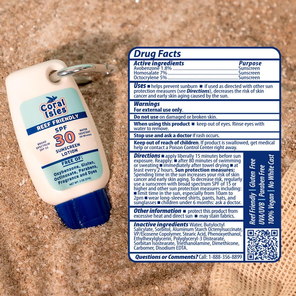 Coral Isles Sunscreen SPF 30 | Hawaii Compliant as Reef Safe | Octinoxate & Oxybenzone Free | Broad Spectrum UVA/UVB Protection | Water Resistant 80 Min. | Fragrance Free | 2 Fl Oz (Pack of 2))