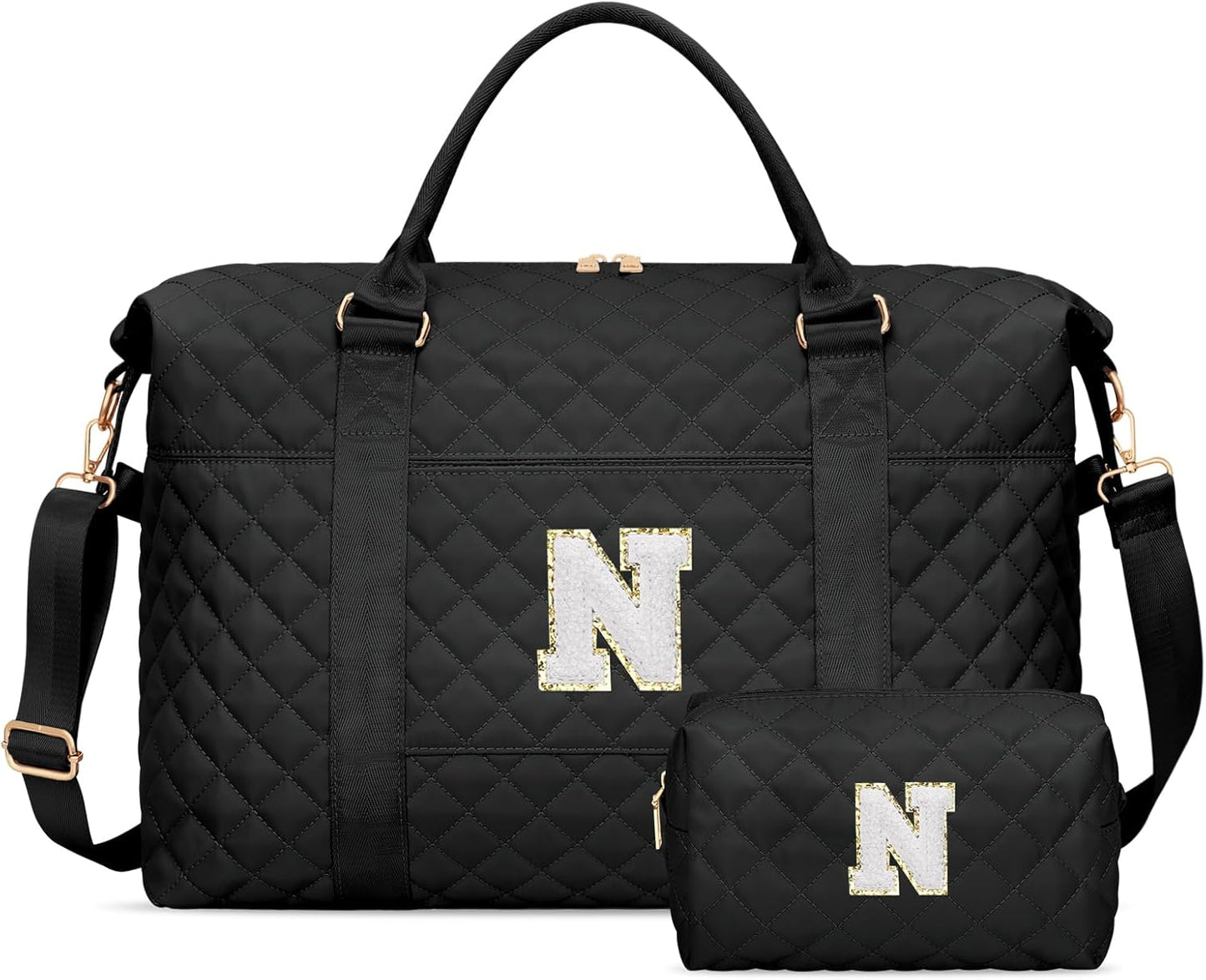 Gifts for Teen Girl, Initial Travel Duffle Bag, Personalized Women Weekender Overnight Bags, Gift for Daughter Kid Girl Wife Friend（Black,N)