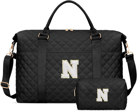 Gifts for Teen Girl, Initial Travel Duffle Bag, Personalized Women Weekender Overnight Bags, Gift for Daughter Kid Girl Wife Friend（Black,N)