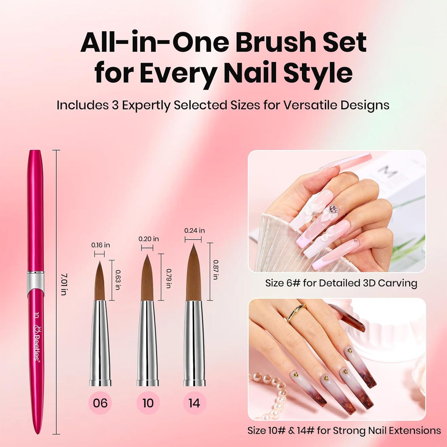 Beetles Acrylic Nail Brush - 3pcs Size 6/10/14 Kolinsky Acrylic Nail Brushes with Cleaner Tool for Acrylics Powder, Nails Extension, 3D Carving Nails Art Tools Home DIY Salon Manicure Design Tool