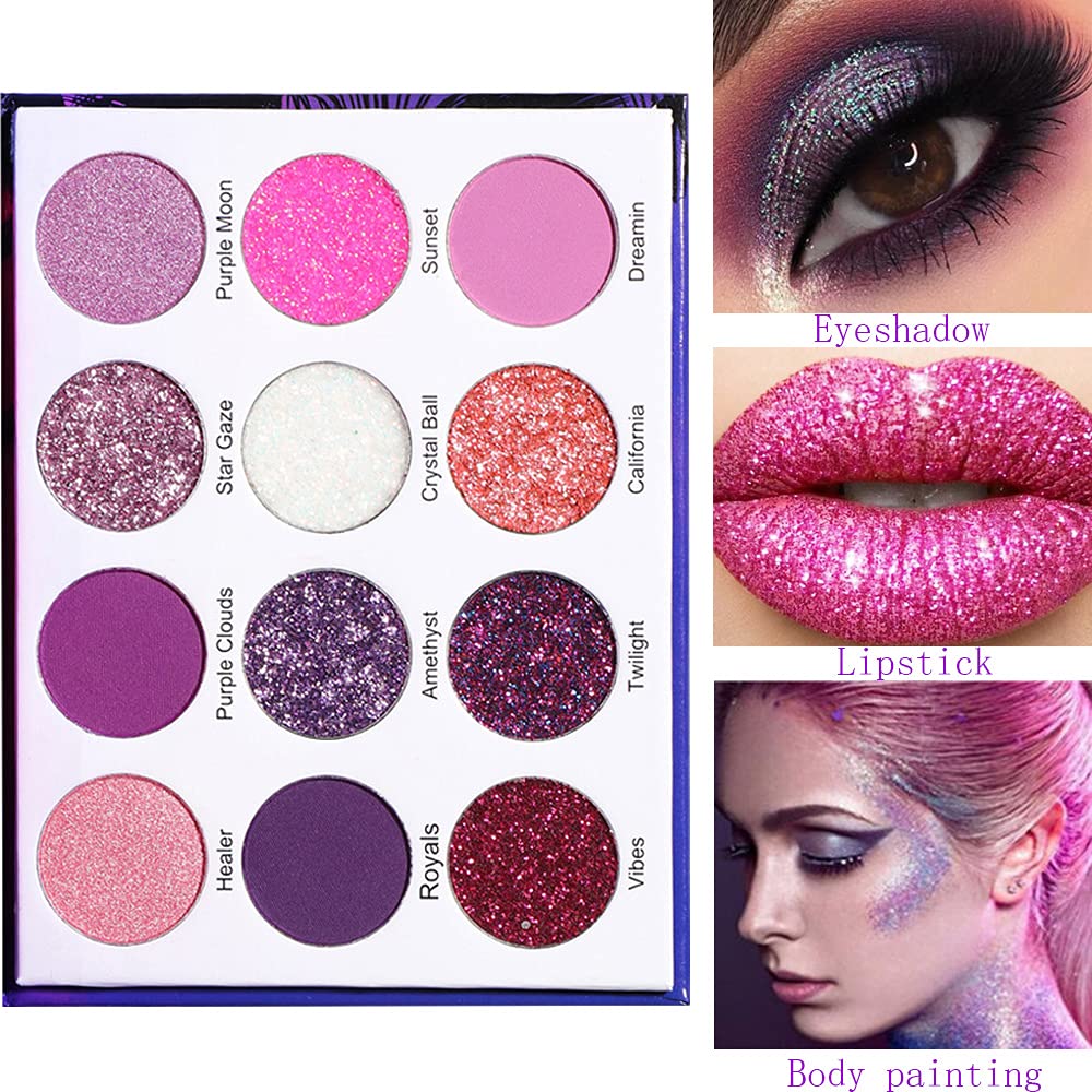 Purple Pink Glitter Eyeshadow Palette - 12 Color Shimmer High Pigmented Powder Lasting Waterproof Colorful Eyeshadow Palette for Girl Women