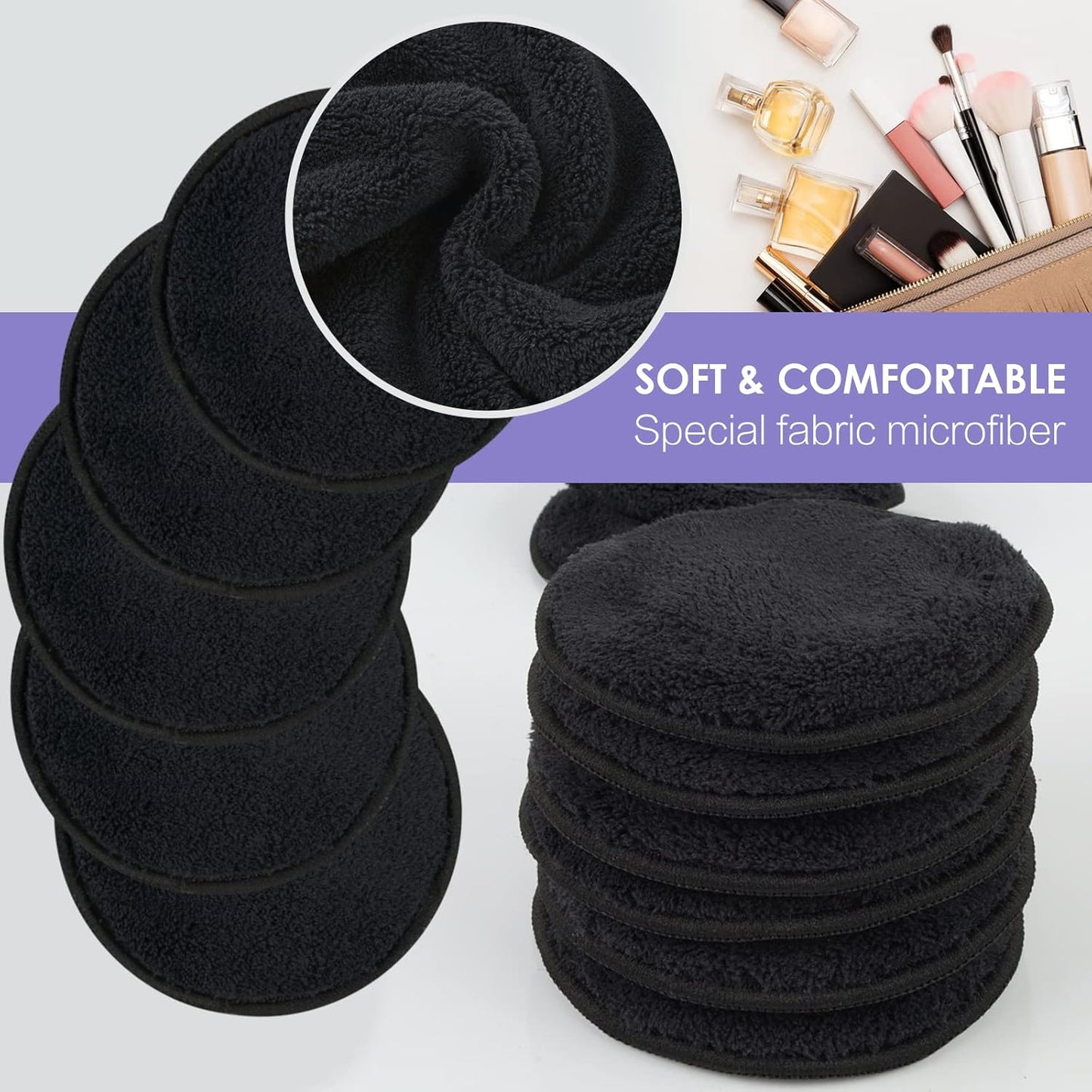 SUNLAND Reusable Makeup Remover Pads for Face,Eyes,Lips 16 Pack Microfiber Face Cleansing Gloves Washable with Laundry Bag and Travel Bag Rounds Toner Pads (Round 3.15inchx16, Black)