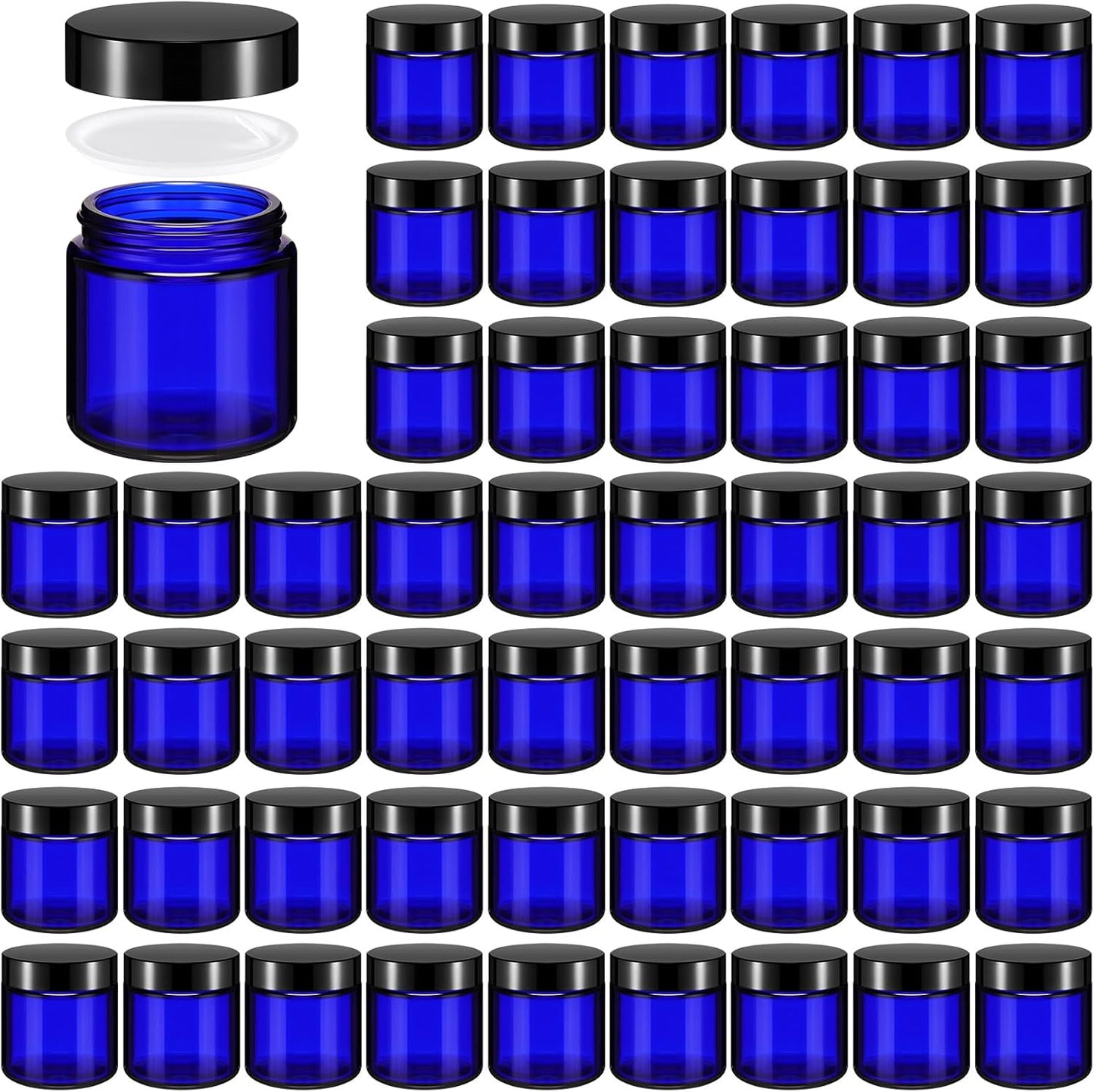 Norme 48 Pcs 4 oz Glass Jars with Lids Leakproof Round Airtight Empty Cosmetic Jars with Inner Liners Lid for Storing Lotions Powder Ointments Candle Making Tins (Black,Blue)