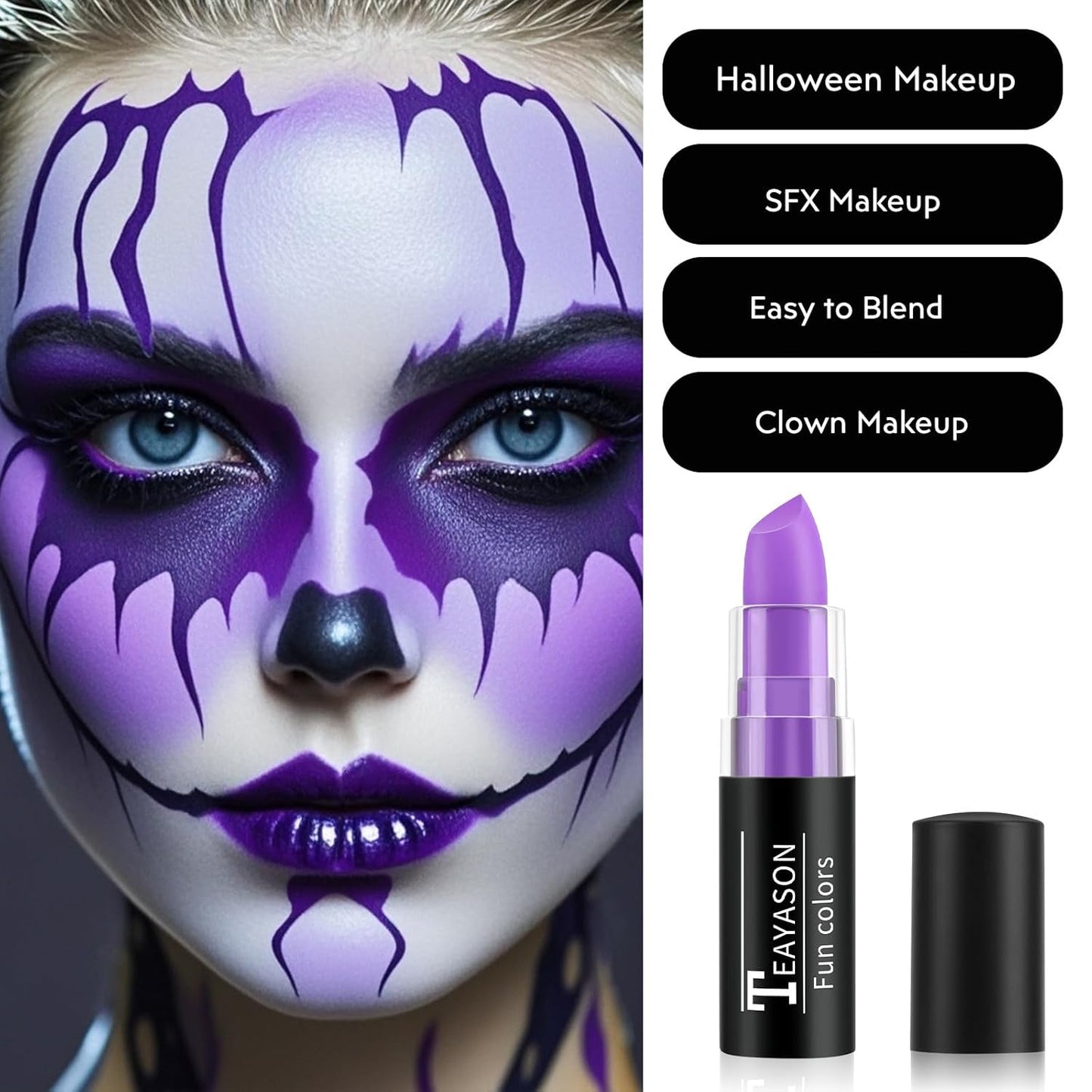 Light Purple Face Body Paint Stick, Matte Light Purple Lipstick Eye Black Stick Face-Paint, Long Lasting Waterproof Purple Face Makeup for Halloween Ursula Witch Cheshire Cat Cosplay Makeup