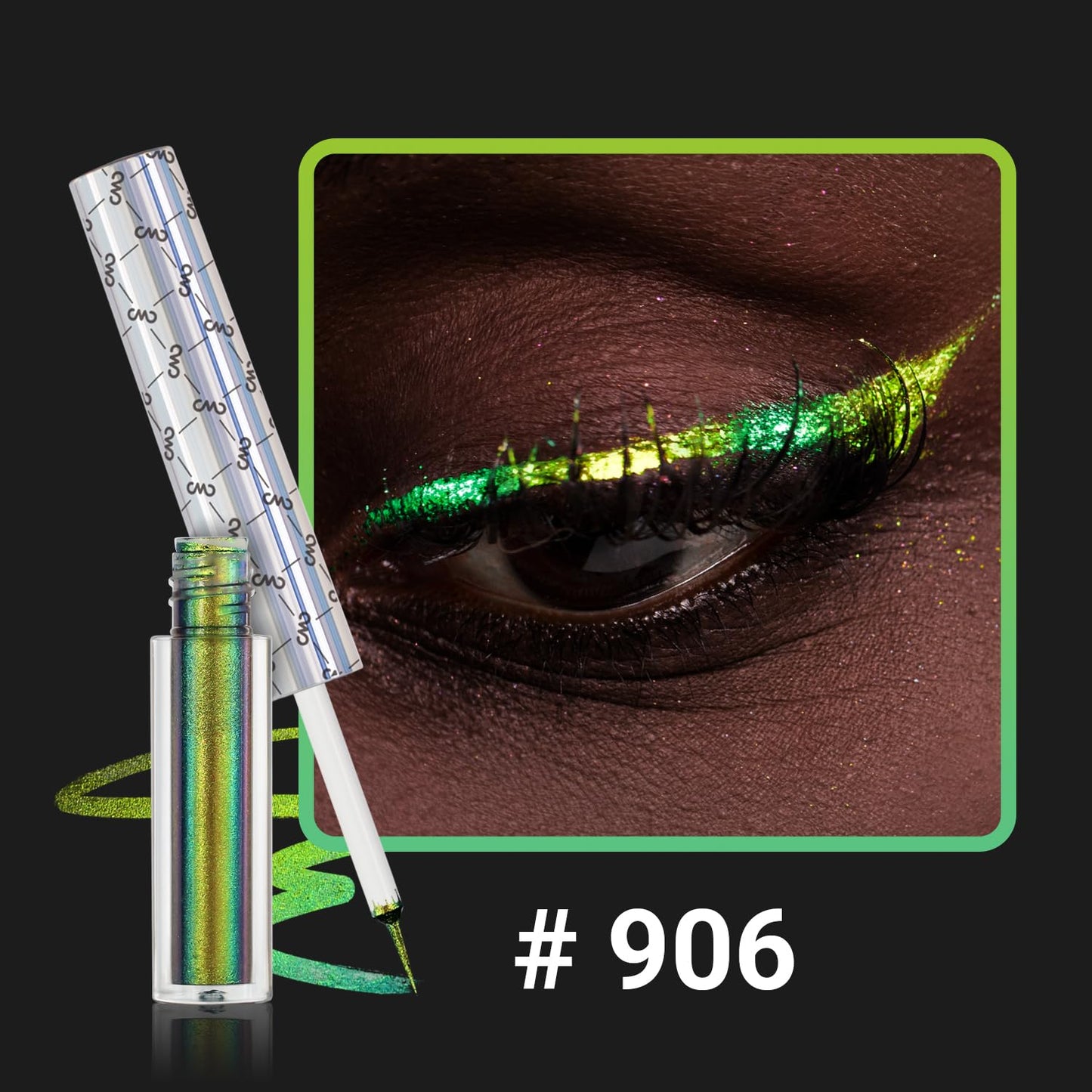 CHARMACY Chameleon Eyeliner Liquid Liner, Glitter liquid eyeliner waterproof, Metallic Intense Color Shifting Colorful Eyeliner, Long wearing,Ultra-Fine Tip Smudge-proof,YELLOW GREEN INDIGO 906