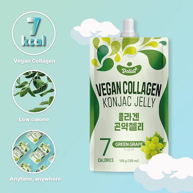 Vegan Collagen Konjac Jelly (Green Grape Flavor) 120g x 10 Packs – Low-Calorie Fruit Gel Snack, Gluten-Free, Plant-Based, 7 kcal per Pouch