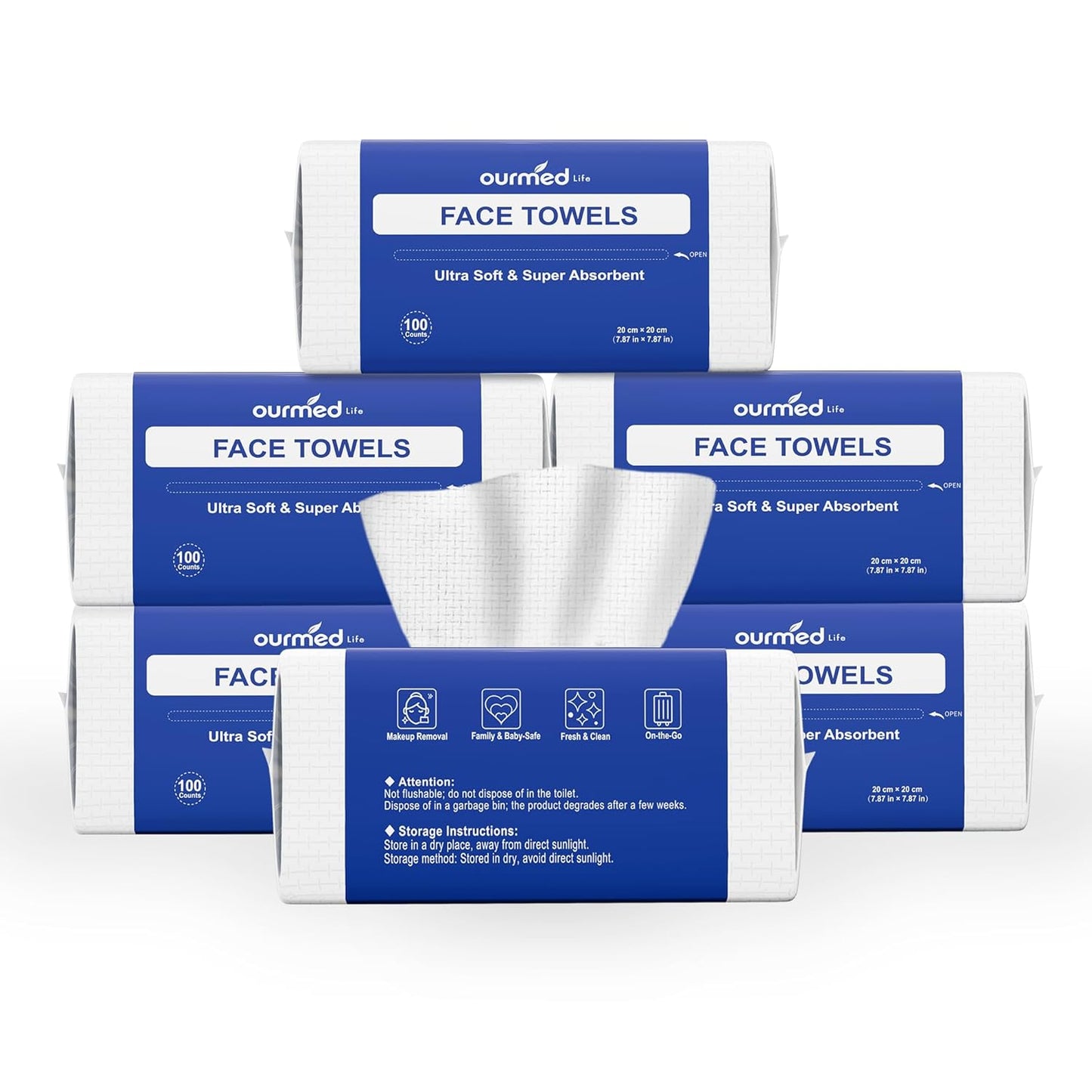 Ourmed Life Face Towels, Disposable Biodegradable Clean Facial Wash Cloth for Sensitive Skin, Lint- free Facial Towels for Cleansing, Skincare and Makeup Remover, Dry Wipes,600 Count，EF texture