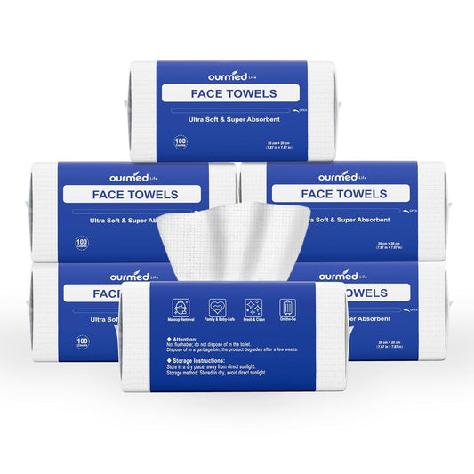 Ourmed Life Face Towels, Disposable Biodegradable Clean Facial Wash Cloth for Sensitive Skin, Lint- free Facial Towels for Cleansing, Skincare and Makeup Remover, Dry Wipes,600 Count，EF texture