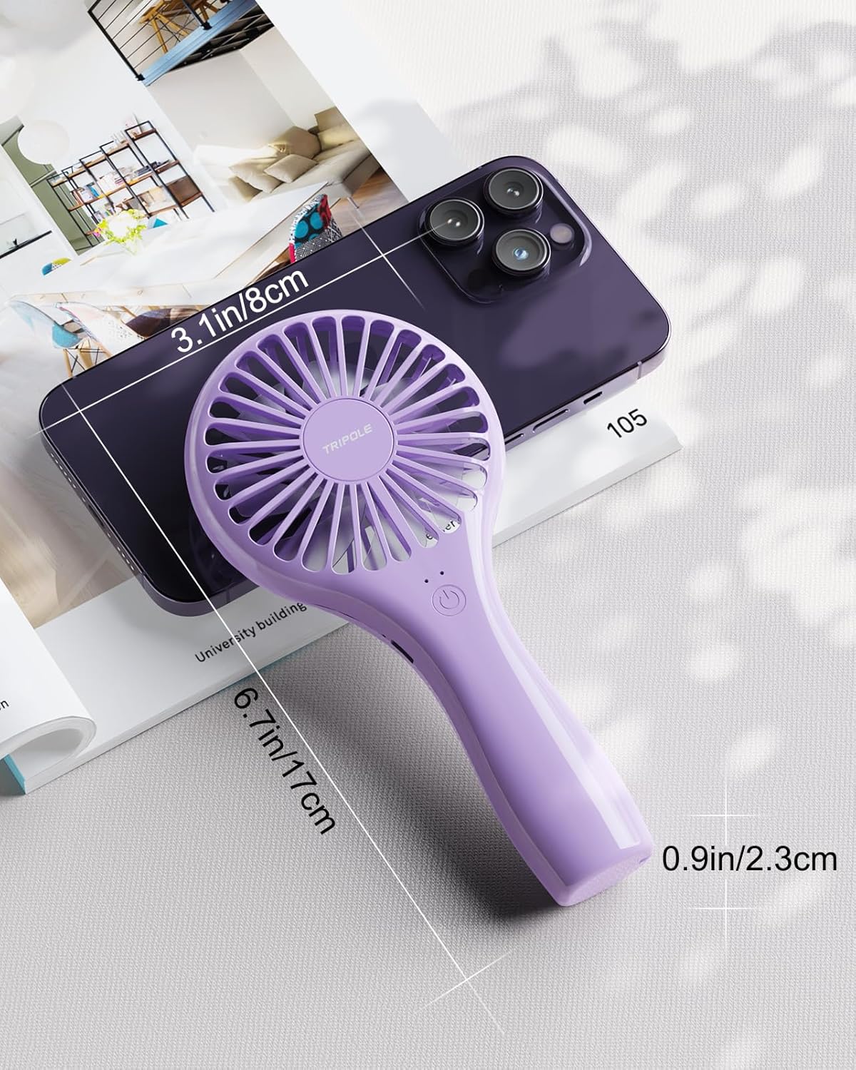 TriPole Handheld Mini Portable Fan, Personal Battery Travel Fan for Outdoor Trips Wedding Hot Flashes, Rechargeable & USB Powered, Small Lash Dryers for Eyelash Extensions, Purple