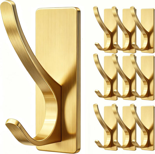 10 Pack Self Adhesive Coat Hooks for Hanging, Heavy Duty Stainless Double Wall Hook for Towel, Backpack, Hat, Sturdy Metal Hanger for Bathroom, Bedroom, Door, Wall Mounted, Brushed Gold
