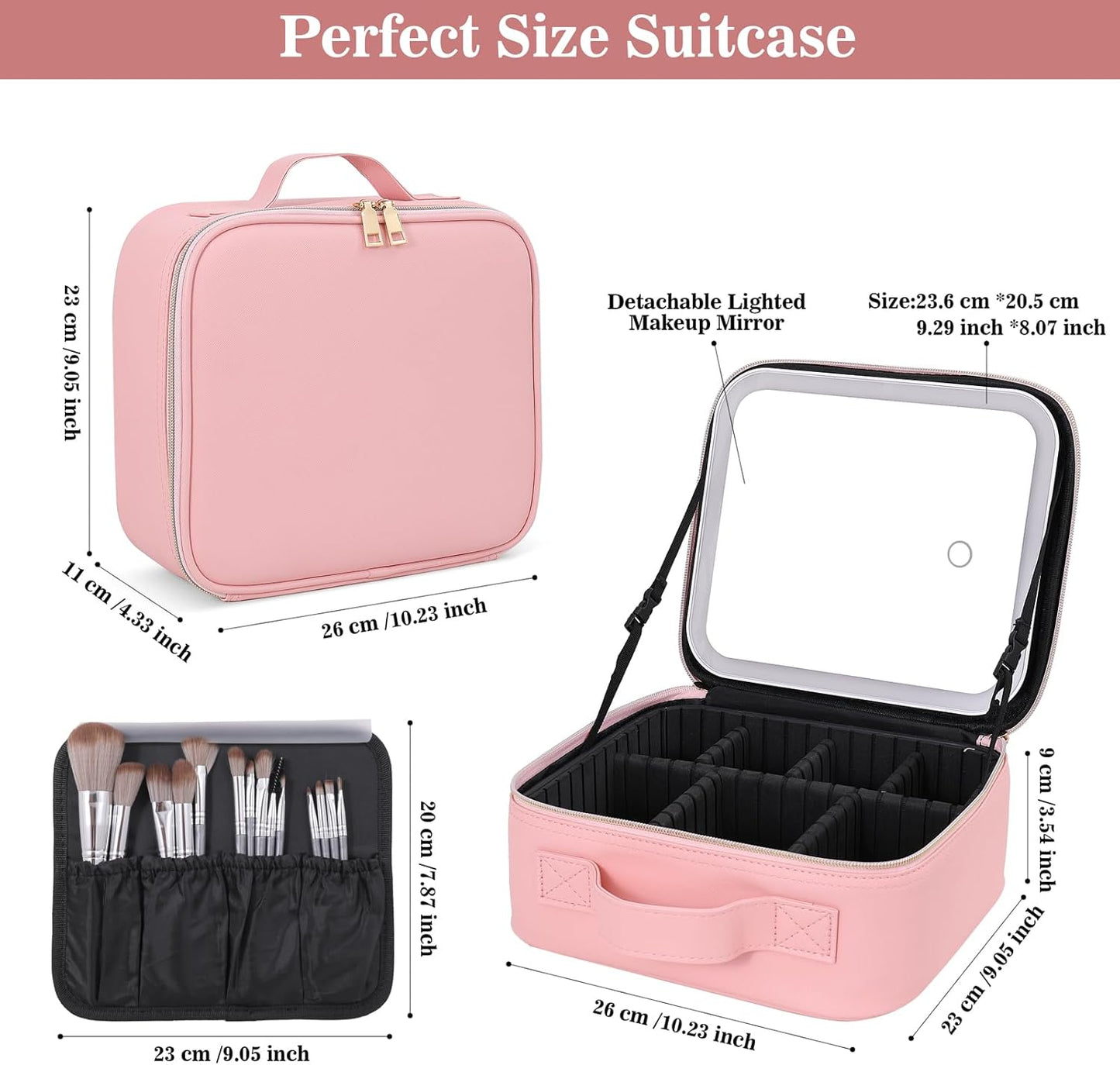 Makeup Case with LED Mirror,Makeup Organizer Bag Travel Makeup Case Large Makeup Bag With Rechargeable Mirror 3 Color Lights Detachable Mirror for Women Beauty Tools Accessories（Pink）