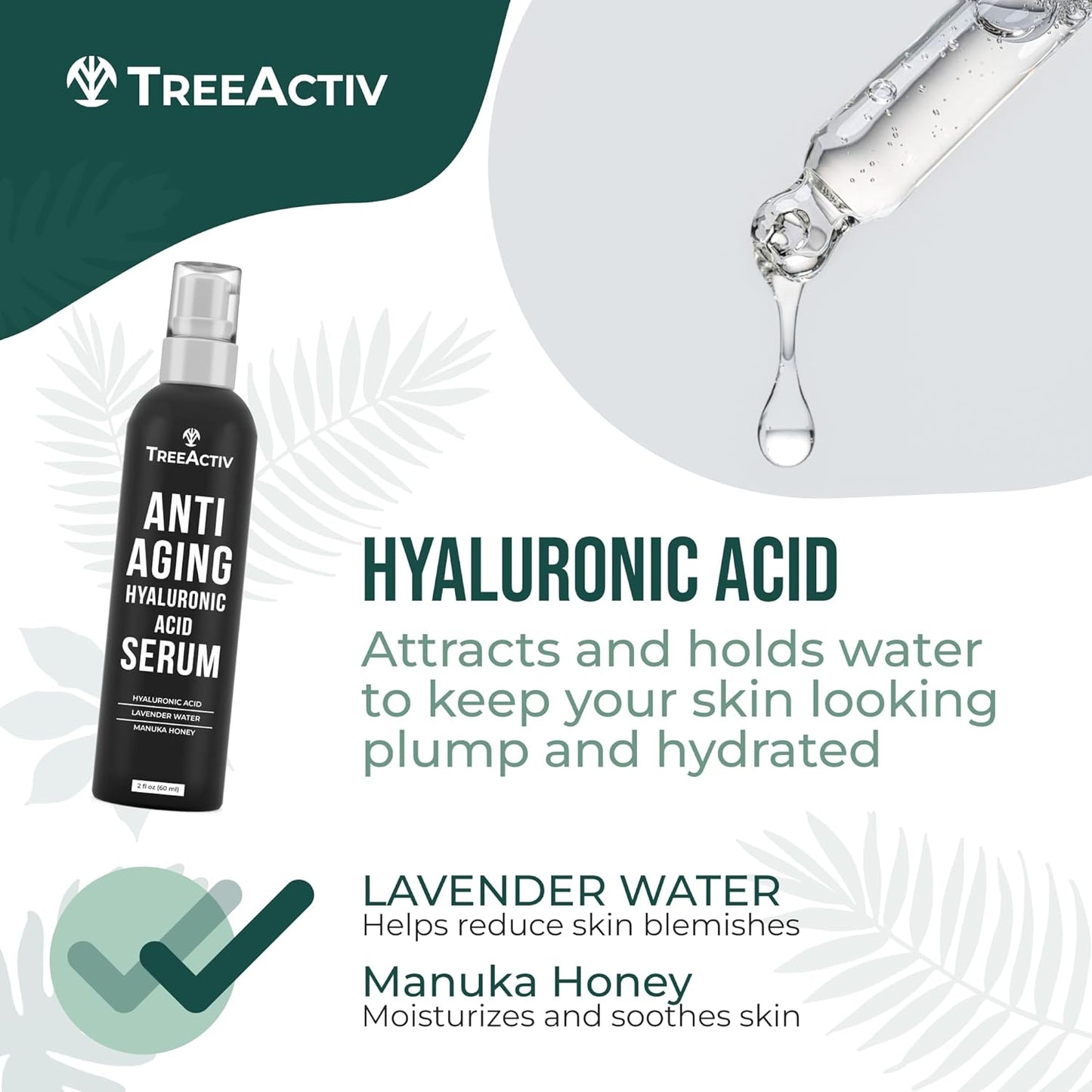 Anti-Aging Hyaluronic Acid Serum for Face 2 oz, Hydrating Wrinkle Repair for Skin Care, Pure Hyaluronic Acid Face Serum for Women, Oil-Free Anti-Aging for Advanced Skin Repair TreeActiv