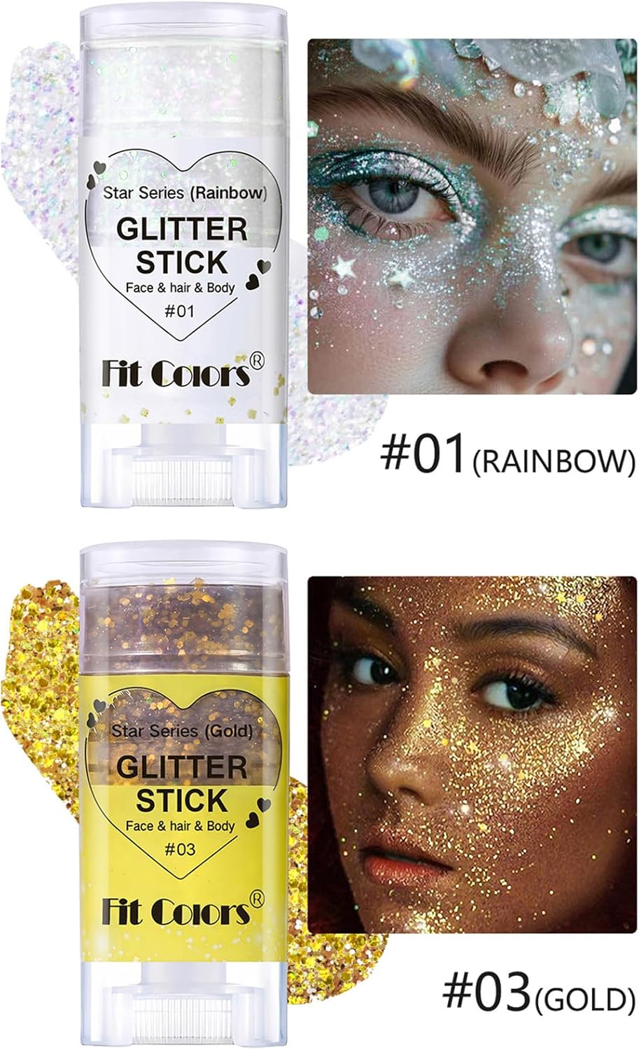 2 Pcs Silver Body Glitter Stick, Mermaid Glitter Gel Long Lasting Shimmer Hair Eyeshadow Face Body Glitter Concerts Music Festivals Halloween Sparkle Makeup for Women and Kids(Silver/Gold)
