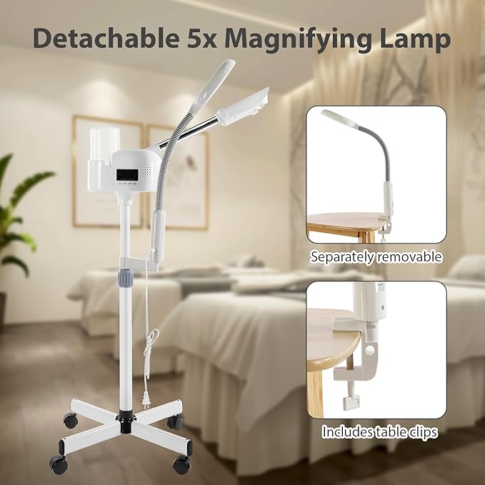 Professional Facial Steamer 2 in1 Steamer for Face 5X LED Magnifying Lamp Facial Steamer for Esthetician Beauty Face Equipment Use at Home or Salon（White）
