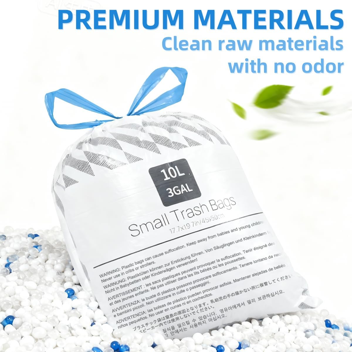 OKKEAI 2.6 Gallon Drawstring Trash Bags – 50 Count Printed Small Garbage Bags, Tear-Resistant & Leak-Proof Bin Liners, Odor Control, Safety Warning for Bathroom, Kitchen, Office