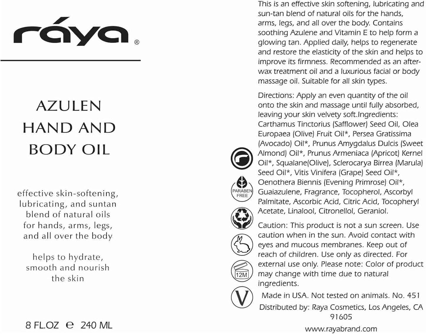 RAYA Azulen Hand and Body Oil 8 oz (451) | Softening and Natural Blend of Oils for Hands, Arms, Legs, and Body | Great as a Body Massage Oil | Great for All Skin