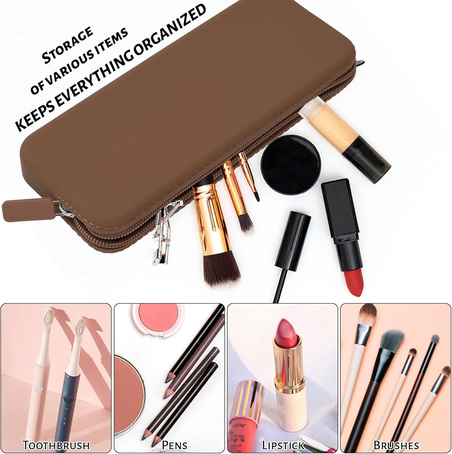 Sakolla Travel Makeup Brush Holder, Silicone Makeup Brush Bag with Zipper Closure, Makeup Brushes Organizer Case Washable Makeup Pouch Holder Case for Daily, Work, Essentials (Brown)