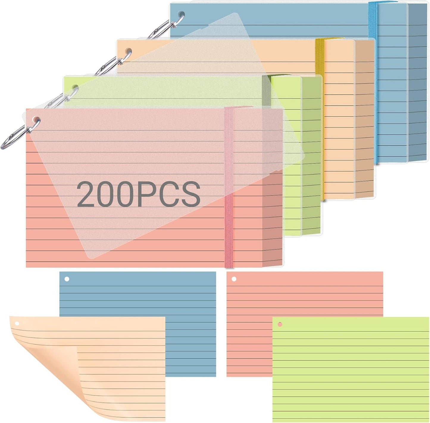 HAUTOCO Colored Index Cards 4x6 Inch 200 PCS Flash Cards with Ring Ruled Notecards with Waterproof Covers Flashcards for Studying Learning School College, 4 Colors