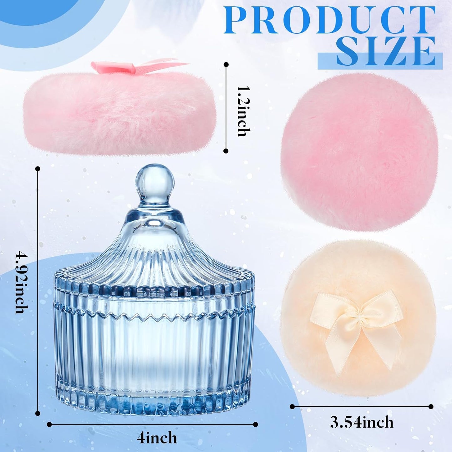 Tioncy 3 Pcs Large Body Powder Puff and Container Crystal Container Soft Washable Reusable Velour Face Body Glitter Powder Puff Wet Dry Makeup Simple Style (Blue)