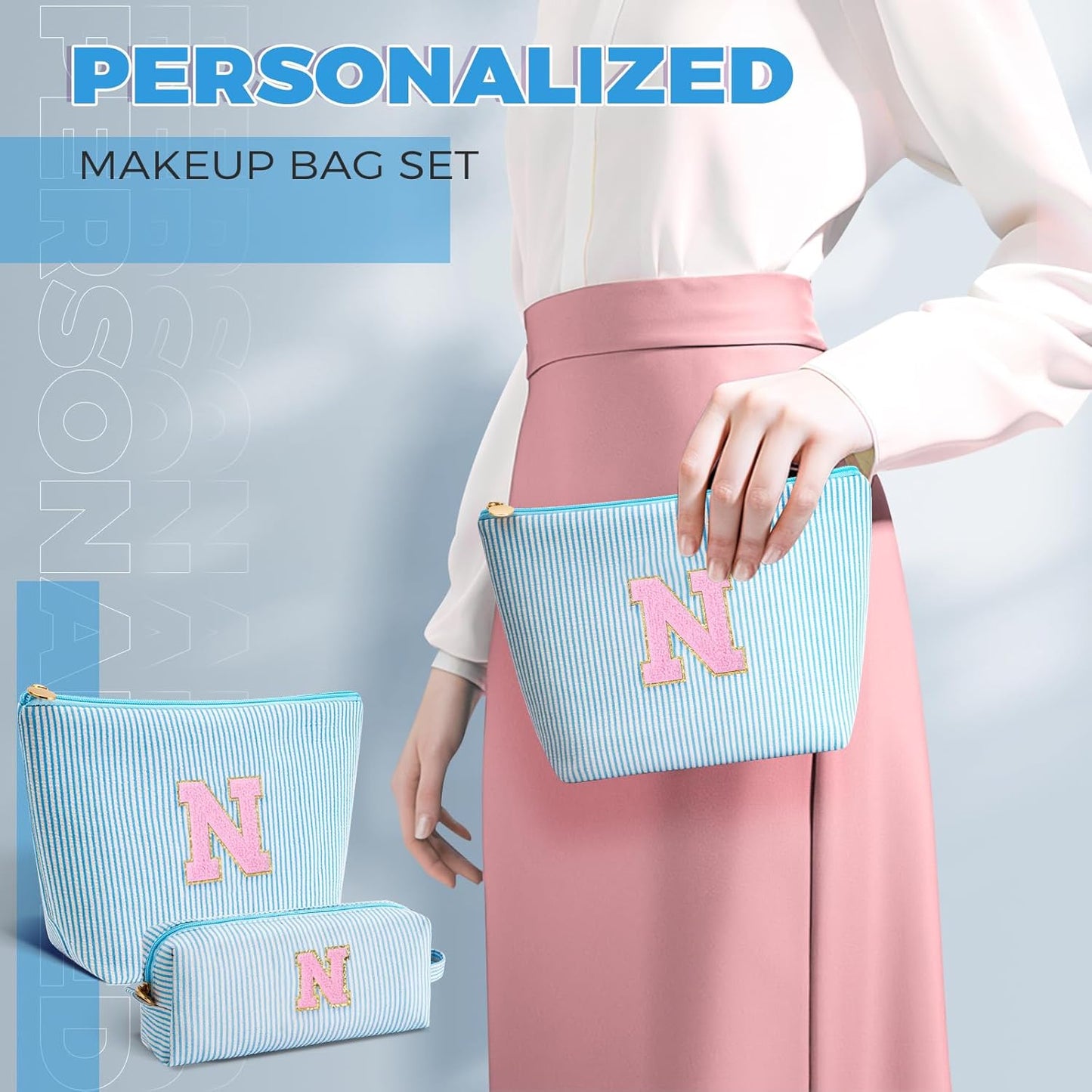 Personalized Makeup Bag for Women Girls - Fashion Cosmetic Bag Trendy Travel Toiletry Bag with Initials Letter - Teen Gifts - Blue,N
