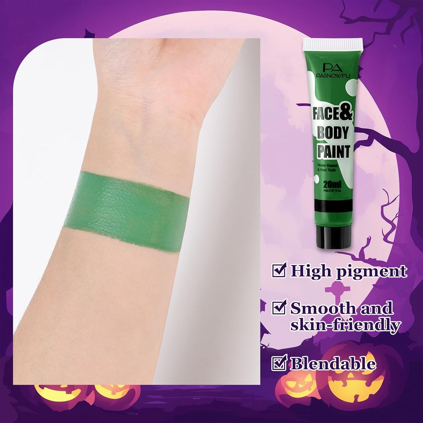 Green Face Paint - Professional Water-Based Non-Toxic Body Painting for Witch Frankenstein's Monster Halloween SFX Cosplay, Highly Pigmented Washable paint for Costume Party Stage Performance