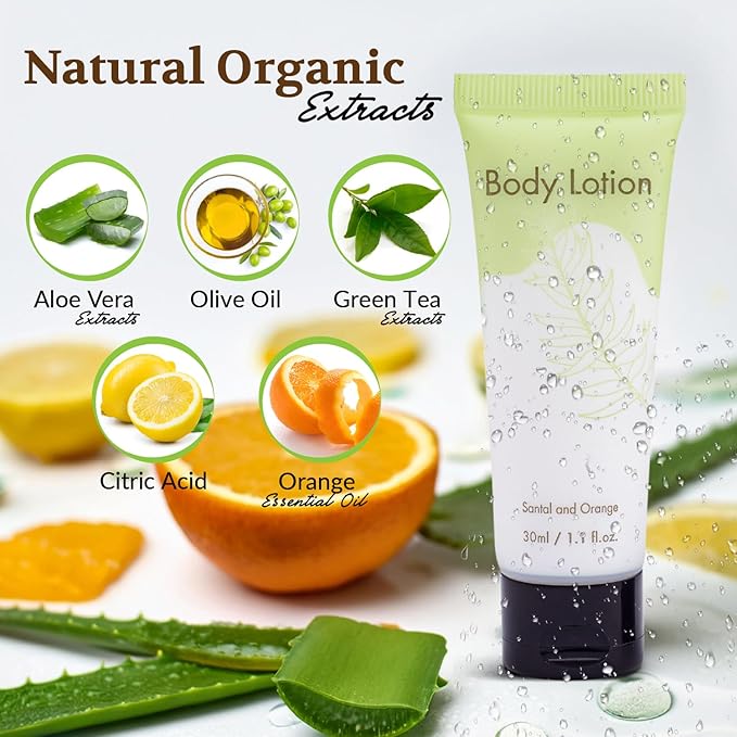 Leak-Proof Travel Size Body Lotion 1.1 Fl.oz/ 30 ml Each 100PCS Bulk Pack Hotel Body Lotion Santal and Orange Scent Amenities and Toiletries for Hospitality