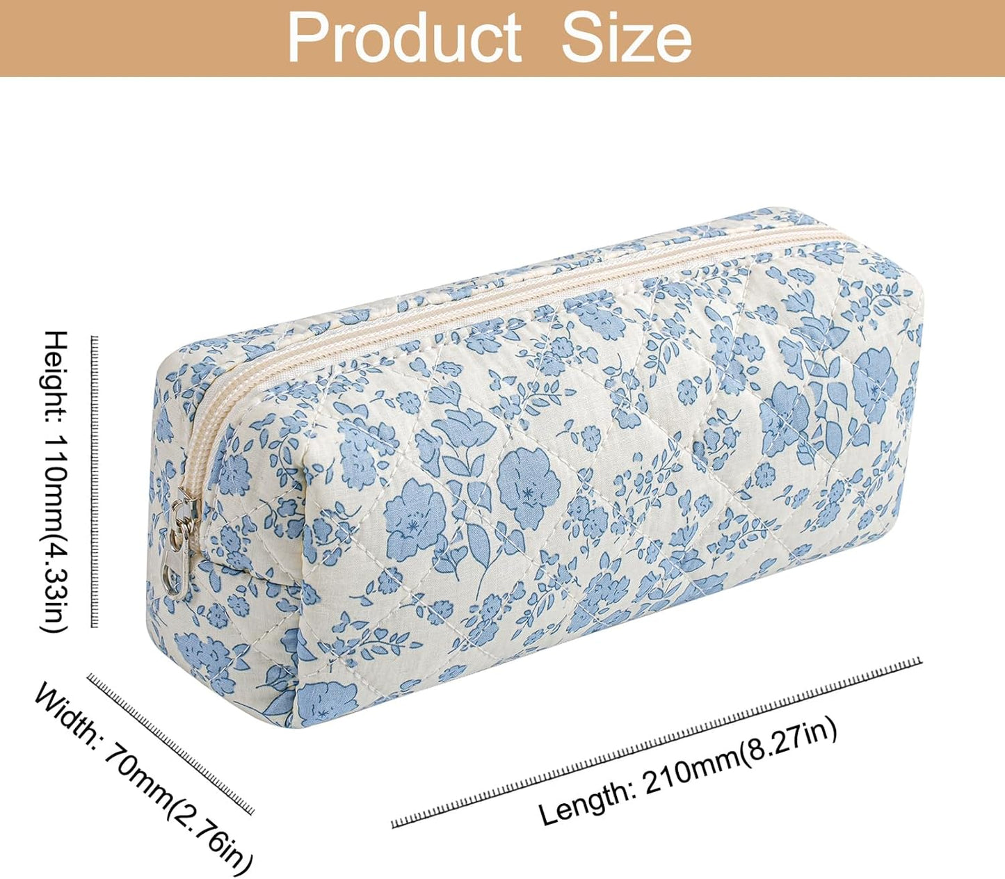 Cute Floral Cotton Makeup Brush Cosmetic Bag for Women, Travel Quilted Zipper Make Up Bag, Flowers Toiletry Organizer Case Kawaii Makeup Cosmetic Travel Cloth Pouch (Blue+Red Floral)