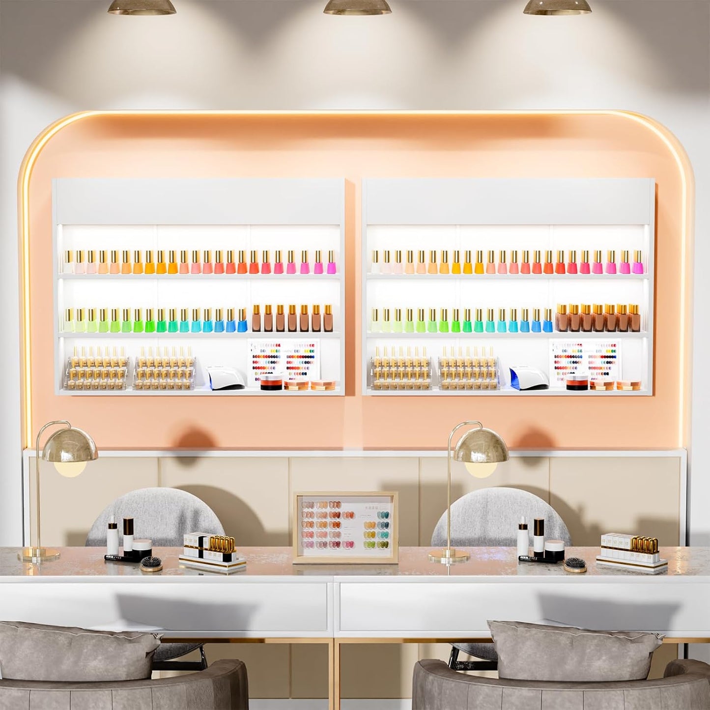 OmySalon Wall Mounted Display Rack, 47.6-Inch 3-Tier LED Nail Polish Organizer Shelf with USB Touch Control, for Nail Salon, Spa, Beauty Studio Storage, Wooden Retail Display (White)