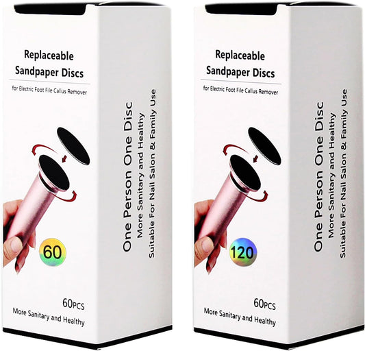 120pcs Replaceable Sandpaper Discs 60 Grit 120 Grit, Thick Self-Adhesive Replacement Sandpaper Refill Sanding Pads for Electric Foot Callus Remover Feet Sander (60 Grit +120 Grit)