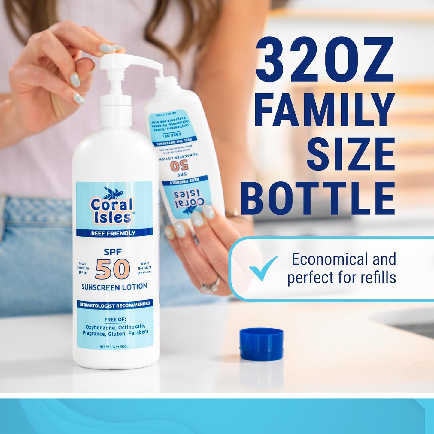 Coral Isles Sunscreen SPF 50 | Hawaii Compliant | Octinoxate & Oxybenzone Free | Broad Spectrum UVA/UVB Protection | Water Resistant 80 Min. | Fragrance Free | 32 Fl Oz Quart w/Pump