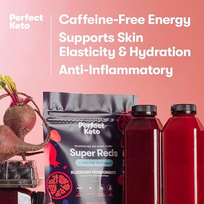 Perfect Keto Super Reds Superfood Powder, Antioxidants Supplement with Fruit & Vegetable Powder, Polyphenols & Marine Collagen, Drink Mix for Skin & Energy Support, Blueberry Pomegranate, 20 Servings