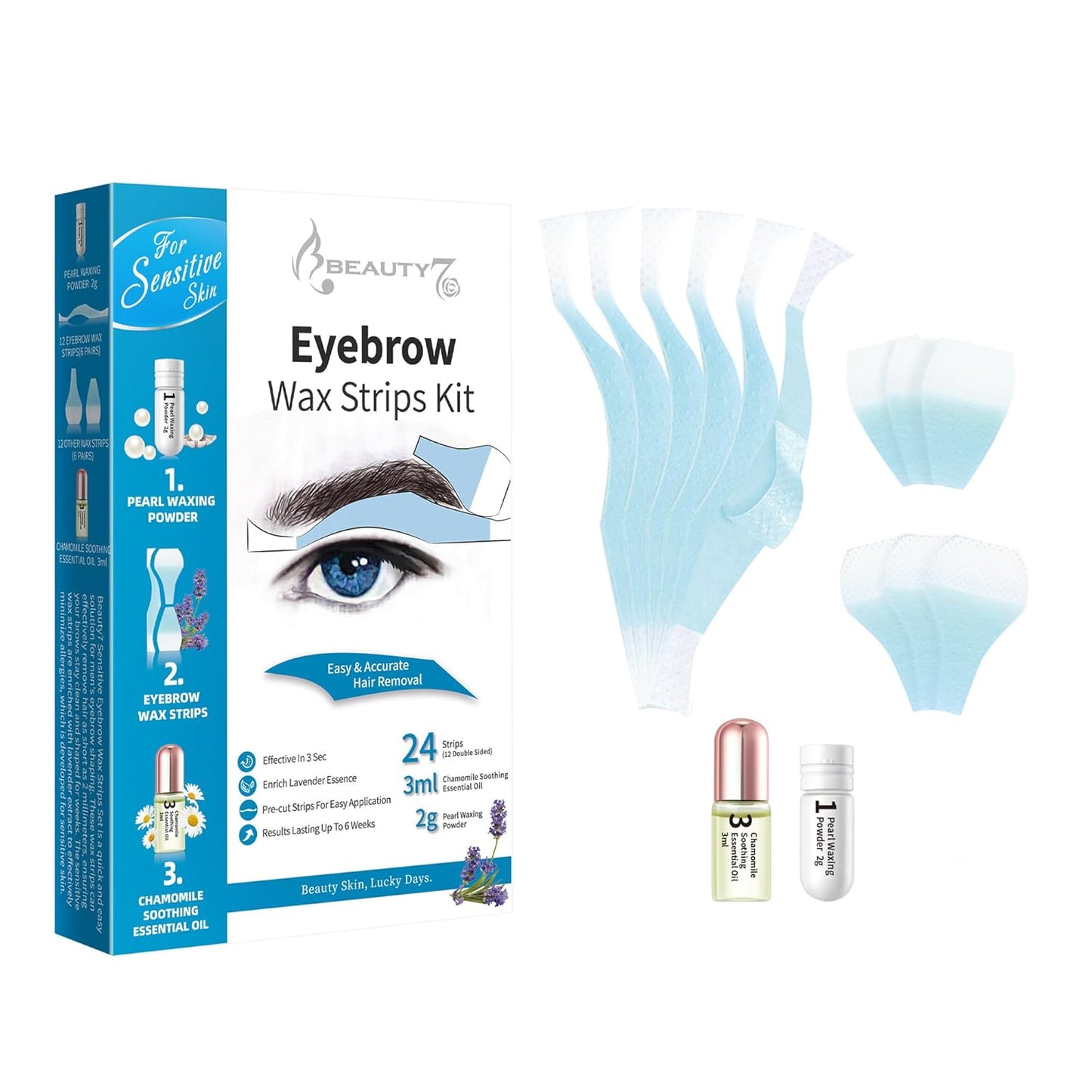 Beauty7 Men's Sensitive Eyebrow Wax Strips, Eyebrow Waxing Strips, 24 Strip with Pearl Powder Essential Oil, for Sensitive Skin
