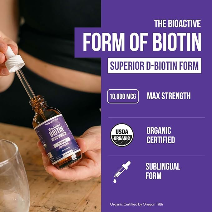 Biotin Hair Support for Women – Organic 10000mcg USP Grade – Premium Liquid Supplement for High Absorption – Supports Healthy Hair, Skin & Nails – Berry Flavor – 180 Servings – 2 oz