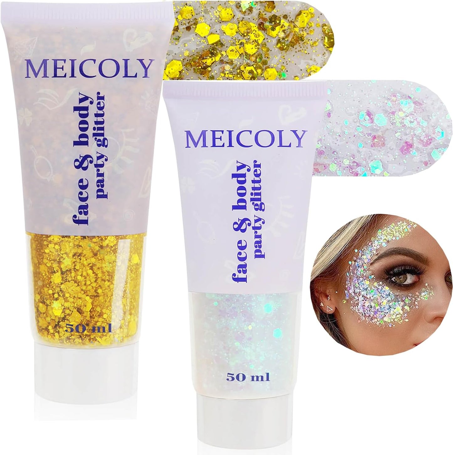 MEICOLY Gold and Clear White Face Body Glitter Set,Gold Face Glitter Gel,Singer Concerts Festival Rave Accessories,Sparkling Sequins Glitter Face Paint for Women and Kids,Chunky Glitter Makeup