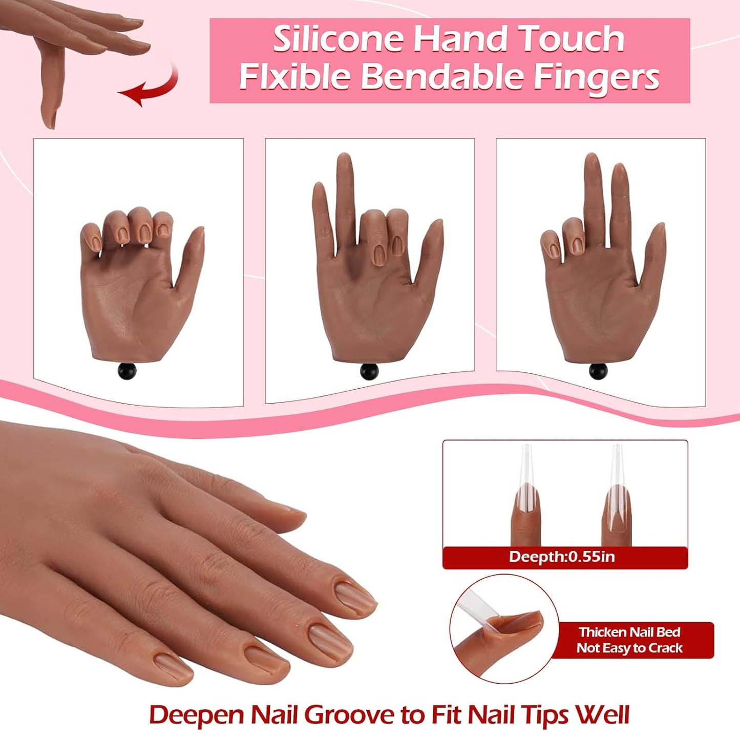 LIONVISON Practice Hand for Acrylic Nails, Silicone Nail Hand Practice, Flexible Fingers Fake Training Hand False Mannequin Hands for Nail Practice, Hand Model Kit for Nail Supplies Manicure Beginners