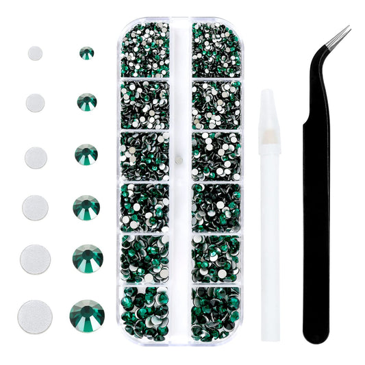 4240Pcs Flatback Green Rhinestones Glass Crystal Diamonds for Nail Art Face Makeup Sparkly Round with Tweezers and Picking Pen (SS6~SS20 Set)