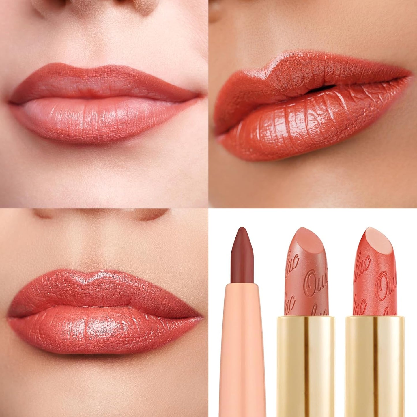 Oulac Lipstick & Lipliner Set 3PCS High Impact Lipcolor with Moisturizing Formula, Vegan Beauty, Full-Coverage Lip Color, Gift Lipstick for Women, LL05+05+GM12