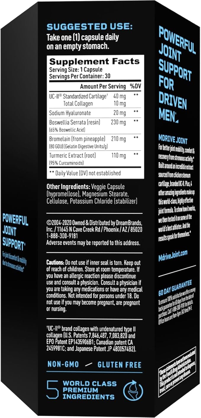 Mdrive Joint Support Supplement for Men - Supports Healthy Joint Function, Flexibility, Comfort & Mobility - Features UC-II Collagen, Turmeric Curcumin & Sodium Hyaluronate from Hyaluronic Acid, 30ct