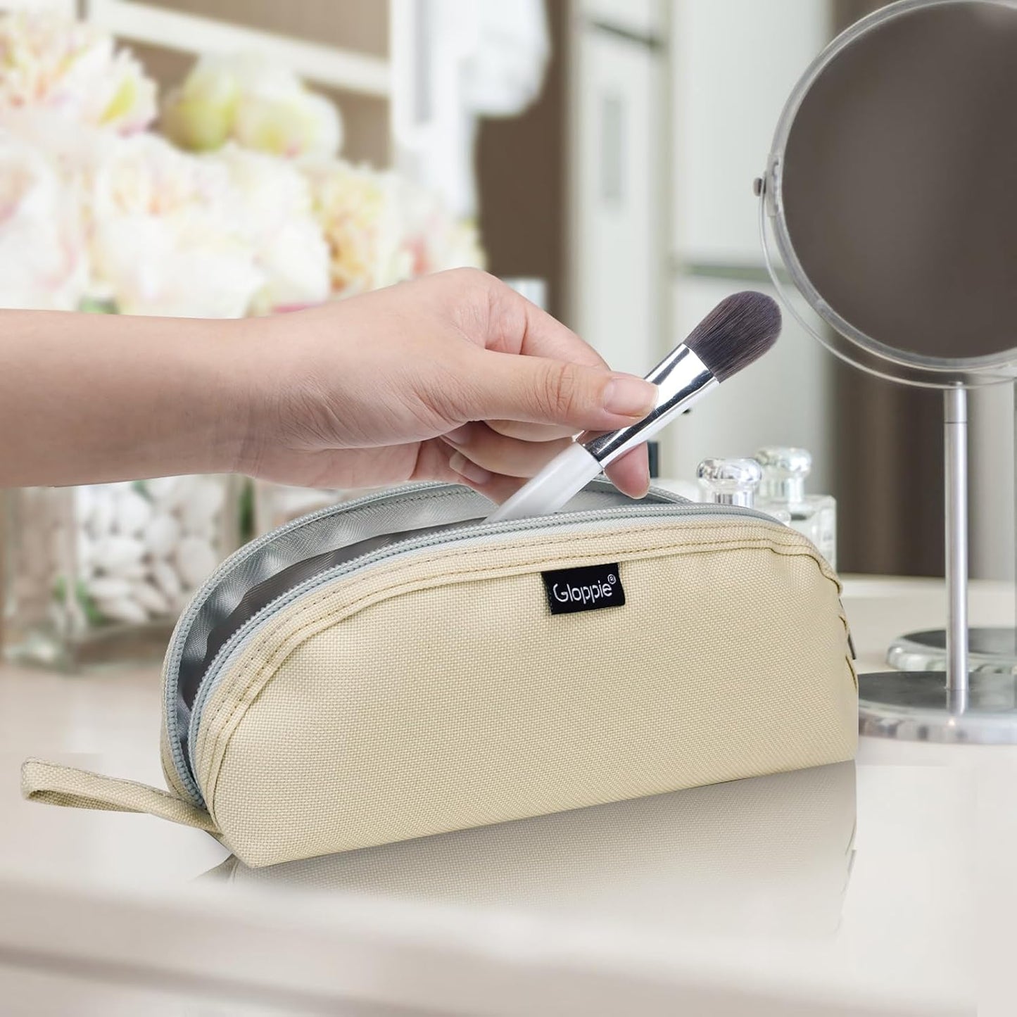 Gloppie Travel Makeup Brush Holder Portable Makeup Brush Traveling Case with Pouch - Small Cosmetic Pouch & Organizer for On-the-Go Beauty, Off White