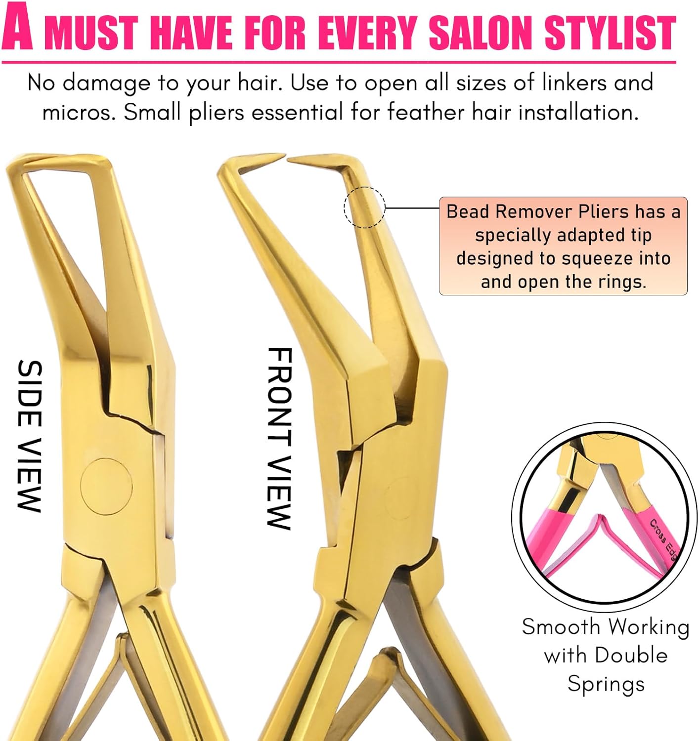 Hair Extension Pliers Compact Micro Beads & Tape in Hair Extension Remover Plier 5.5 Inch Stainless Steel microlink Beads Human Hair Extensions Tools (Gold)