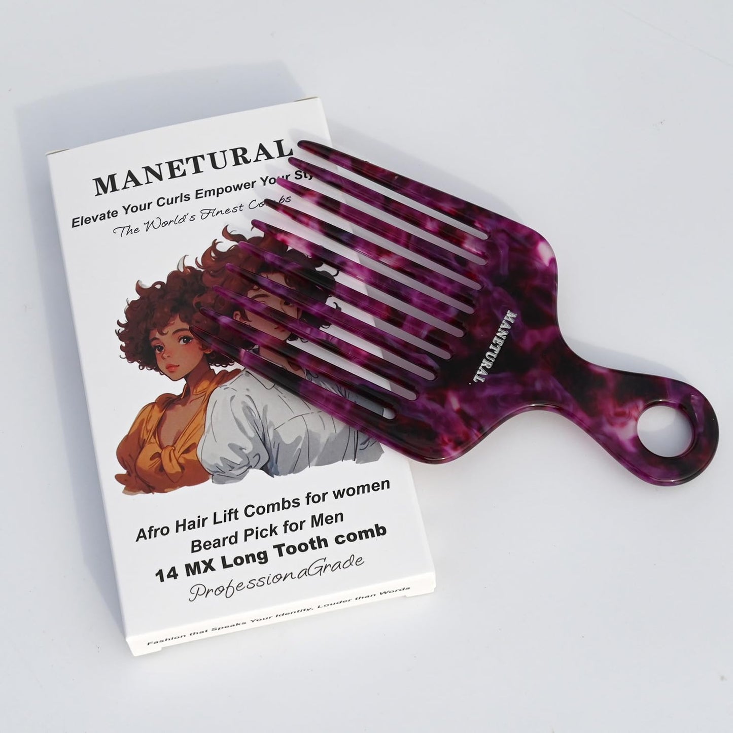 14MX Long-Tooth Comb/Afro Hair Lift Combs for Women's Curls and Men's Beards - Hand-Made, Hand-Crafted Beauty for Effortless Styling (Purple, 2 PACK)