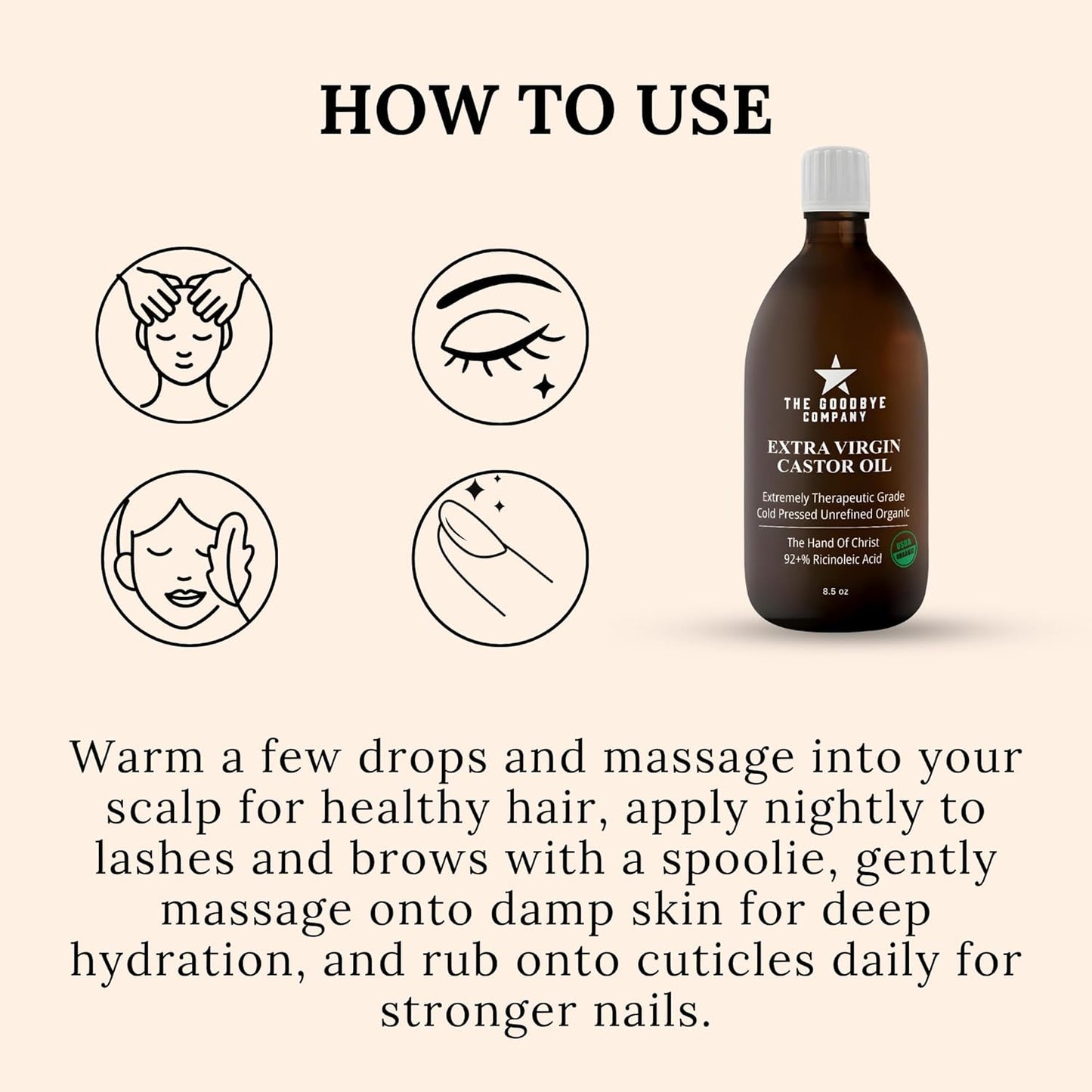 The Goodbye Company Organic Cold-Pressed Castor Oil - 8.5 oz Glass Bottle, Hexane-Free, Extra Virgin, Small Batch Family Farm Ethically Sourced for Hair Growth, Skin Care, Lashes, Brows & Castor Oil