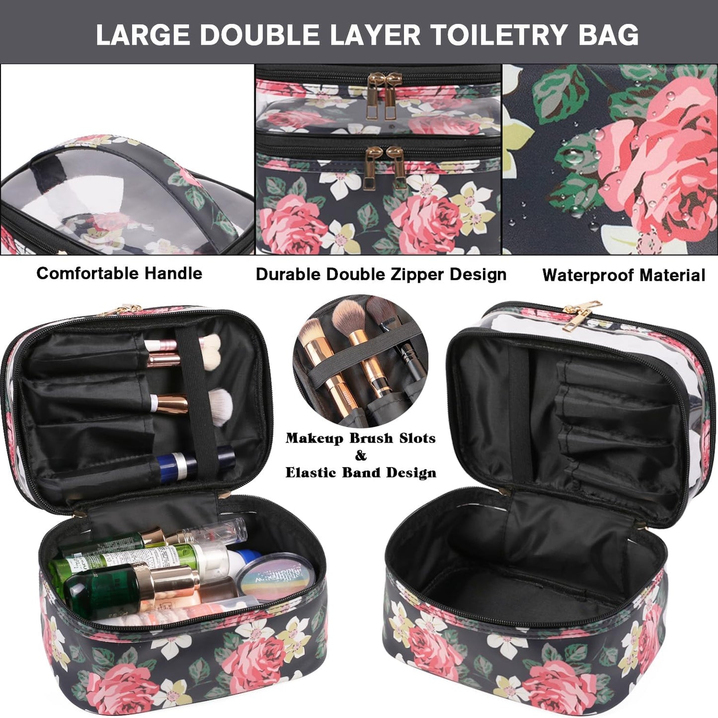 FITINI Makeup Bags Double Layer Travel Storage Cosmetic Cases Make up Organizer Toiletry Bags Water-resistant for Women Makeup Brush Bag,Black Peony